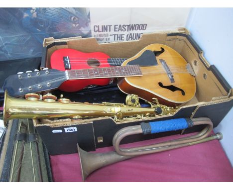 A Yamaha Flute, Soprano Saxophone, Union series Ukulele, Mandolin, copper trumpet, bugle, etc:- One Box.