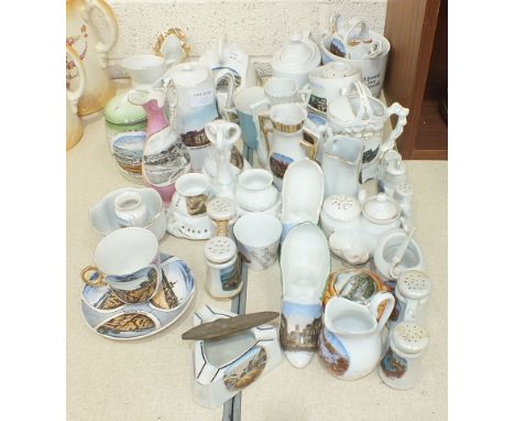 A collection of late-19th/early-20th century ceramic souvenir items, all with scenes of Plymouth and Devonport, including a l