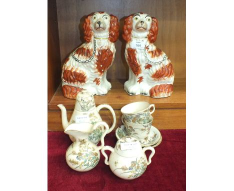 An Oriental Satsuma part tea service (damaged), a pair of Staffordshire spaniels (one af), two silver backed brushes and othe