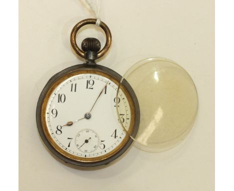 Omega, an early-20th century gun-metal-cased open-face keyless pocket watch, the white enamel dial with Roman numerals and se