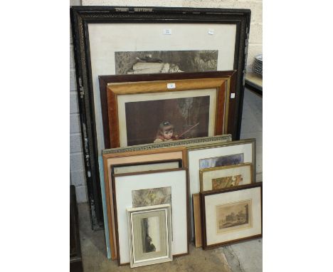 A coloured lithograph of a young girl playing a violin, 68.5 x 48.5cm and other pictures and prints.