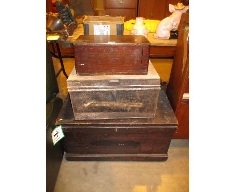 Small Victorian Pine Trunk, Deed Box and a Small Mahogany Box