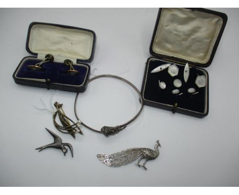 Ola Gorie Silver Bird Brooch, Silver Pheasant Brooch and a Pearl Spray Brooch, Silver Bangle with Lion's Head Terminal and 2 