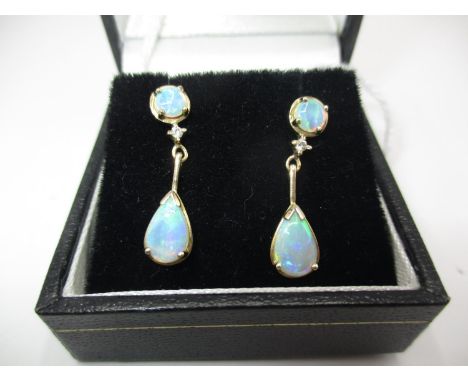 Pair of 9ct Gold Opal and Diamond Drop Earrings