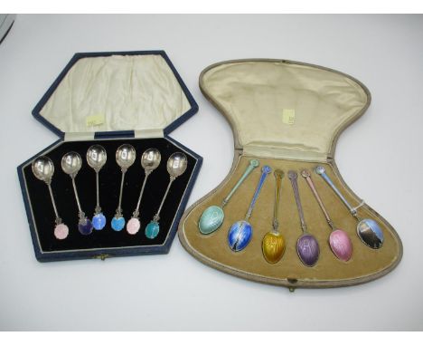 Two Cased Sets of 6 Silver and Enamel Coffee Spoons, some damage