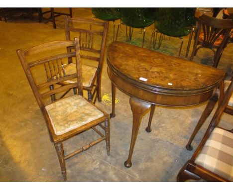 Walnut Demi Lune Fold Over Card Table and a Pair of Edwardian Bedroom Chairs