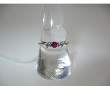 Edwardian Ruby and Diamond 3 Stone Ring Mounted in Gold and Platinum, Size Q