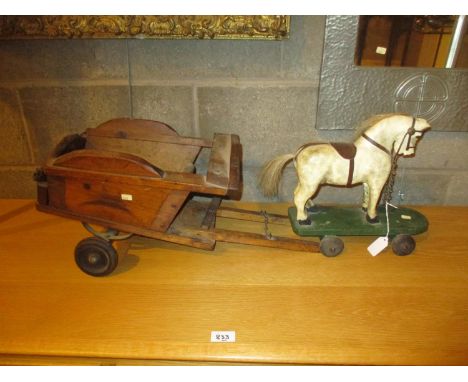 Vintage Painted Wooden Horse and Cart
