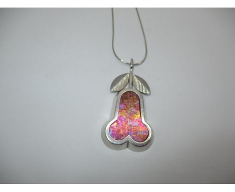Nanny Still for Kultakeskus Co. Finnish Silver and Titanium Pendant Formed as a Pear with 2 Silver Leaves, Maker's Mark, 9125