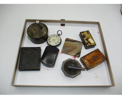 Silver Cased Pocket Watch, Musical Box, 3 Snuff Boxes, Daguerrotype, Agate Mortar and Pestle and Coaster