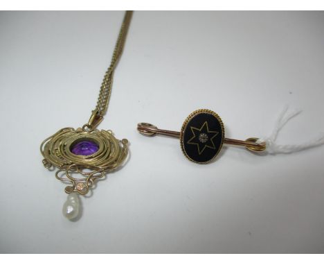 9ct Gold Mourning Brooch and a 9ct Gold Amethyst and Pearl Pendant on a Plated Chain