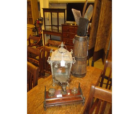 Stags Head Inkwell, Lantern and Coopered Pot with Fire Tools
