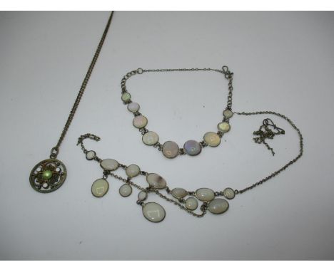 Marius Hammer Norwegian Silver-Gilt Filigree Pendant with Green and White Enamel and Metal Chain, Opal Bracelet and Opal Frin