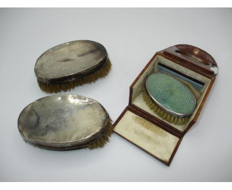 Cased Silver and Shagreen Brush and a Comb and a Pair of Silver Brushes