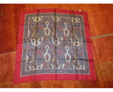 Liberty Silk Scarf, Paisley Pattern in Burgundy, Blue and Turquoise, Burgundy Border, 86x86cm