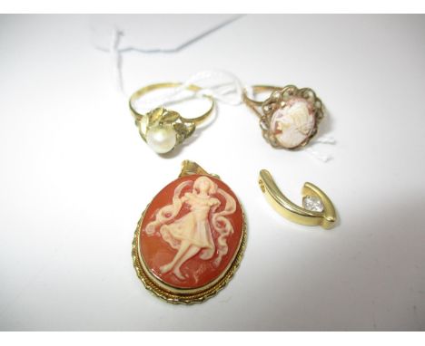 9ct Gold and Single Pearl Ring, 9ct Gold and Cameo Ring, Cameo Pendant in Gold Mount Stamped 750 and a Single Stone Pendant S
