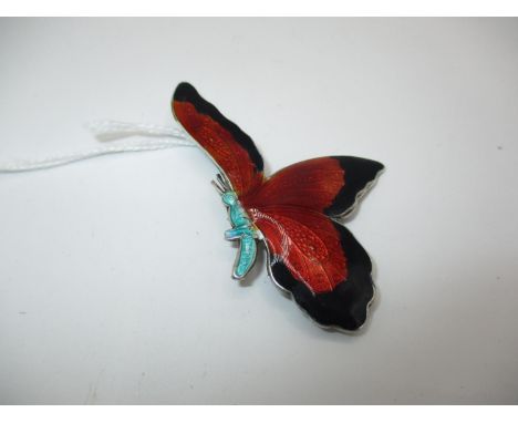 Silver and Enamel Butterfly Brooch with Red and Black Wings and Green Body Stamped Sterling Silver c.1920, 6cm wide