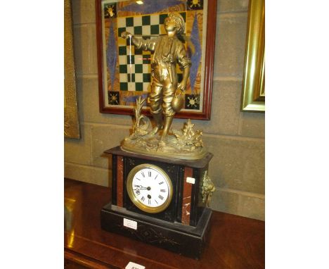 Victorian Slate and Marble Mantel Clock Surmounted by a Gilt Spelter Figure