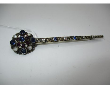 Arts &amp; Crafts Silver-Gilt Pin Brooch Chased with Berries Set with Pearls and Blue Stones and with Purple and White Enamel