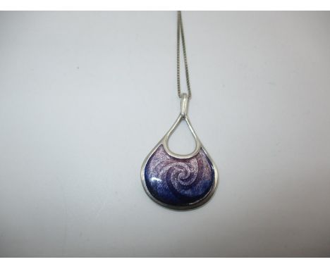 Ortak Silver and Enamel "Air" Pendant from the Elements Series with Swirling Purple Enamel Motif and Neck Chain, Stamped Mg a