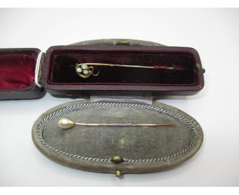 9ct Gold and Paste Pearl Stick Pin and Another Set with 3 Small Opals, in fitted cases