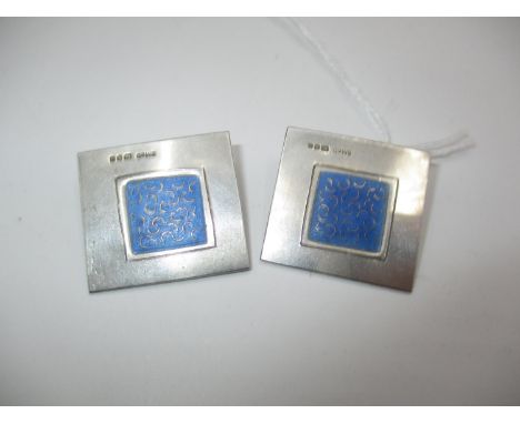 Sheila McDonald Pair of Modern Silver and Enamel Ear Clips with Pale Blue Enamel Panel Highlighted with Fine Gold Wires, Make