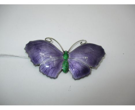 Silver and Enamel Butterfly Brooch with Purple Wings and Green Body Stamped Sterling Silver c.1920, 6.5cm wide