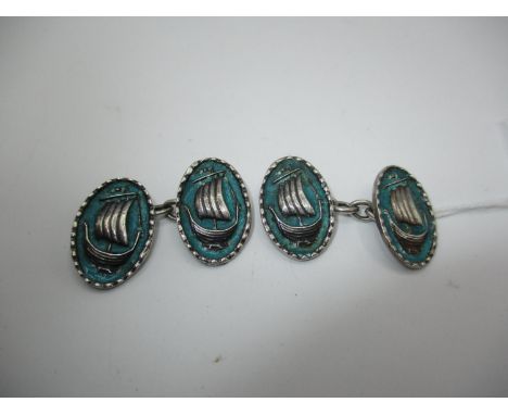 Pair of A. Ritchie of Iona Pattern Silver and Turquoise Enamel Cufflinks stamped I.C.A. for Iona Celtic Art