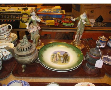 Pair of Victorian Continental Porcelain Figures, Pair of Plaques, Brass Korot and an Inkwell