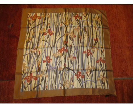 Liberty Silk Scarf, Irises and Butterflies, in Taupe, Pale Blue and Sienna, Taupe Border, 86x86cm