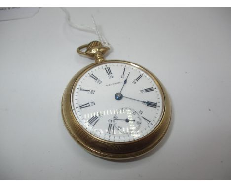 Waltham Gold Plated Open Face Pocket Watch with White Enamel Dial and Engraved Foliate Case Back