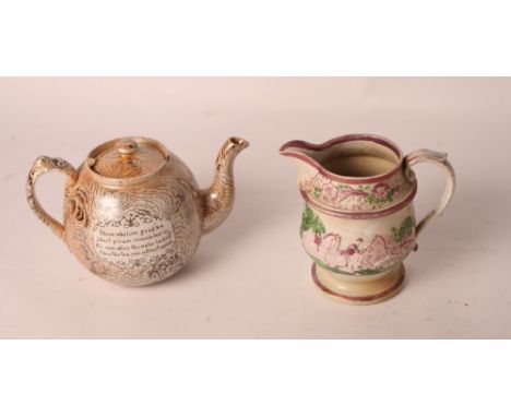 A 19th Century lustre decorated hunting jug with relief design of a deer hunt (small chips) and a transfer printed "agate war