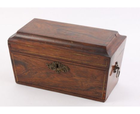 A Regency rosewood and brass bound two-division sarcophagus tea caddy