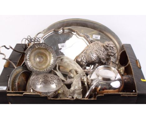 A silver plated model of a bison, two plated models of cockerels, a plated teapot and other items of silver plate, various