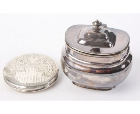 A silver tea caddy of compressed melon form and hinged lid, 4.6oz troy approx, together with a silver powder compact with eng