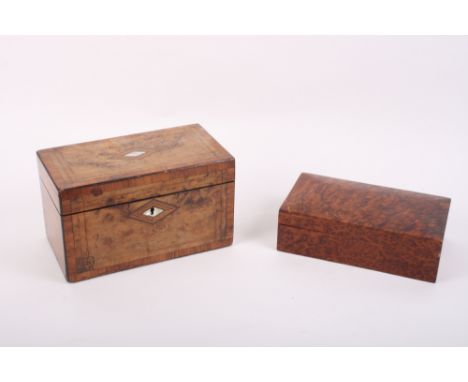 A 19th Century burr walnut rectangular tea caddy with mixing bowl compartment and mother-of-pearl escutcheons, 10" wide, and 