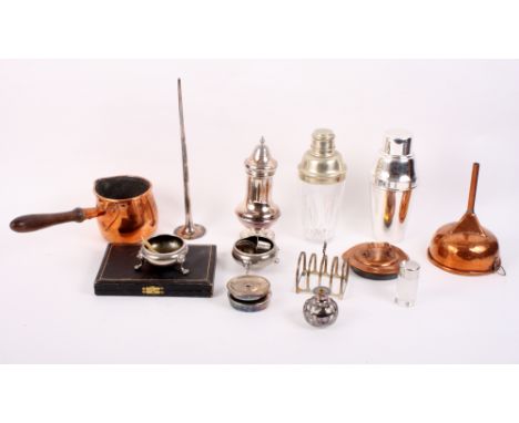 A silver plated cocktail shaker, a sugar dredger and a pair of Georgian design salts, etc