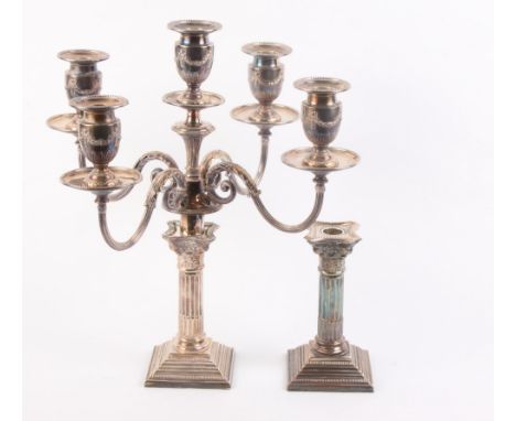 A plated five-light candelabra and a similar candlestick