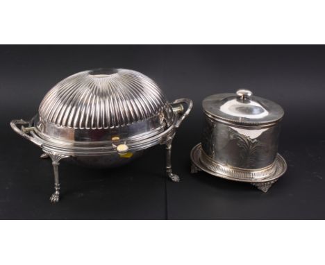 A silver plated breakfast serving dish and a silver plated biscuit box