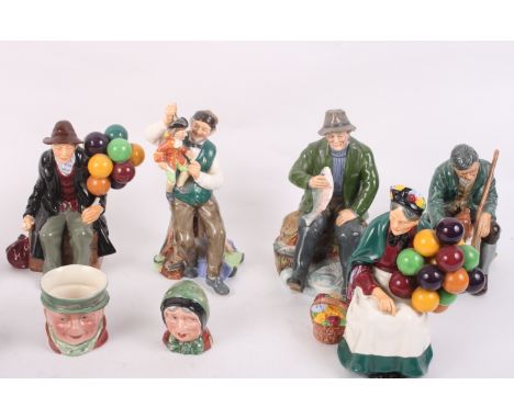 Six Royal Doulton figures: the master, the balloon man, the old balloon seller, the orange lady, a good catch, the puppet mak