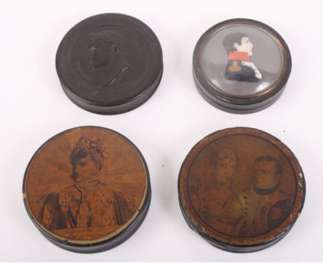 A 19th Century pressed horn snuff box with embossed portrait of Napoleon, a similar box with coloured relief portrait, and tw