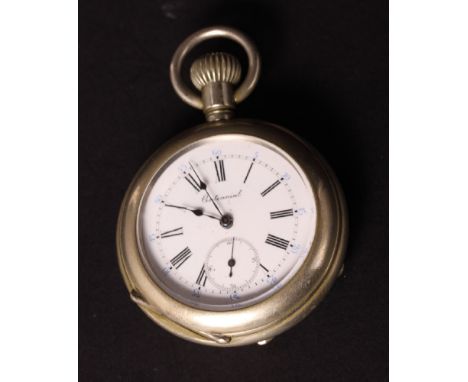 A white metal cased open faced "Centennial" pocket watch with white enamel dial and subsidiary seconds dial
