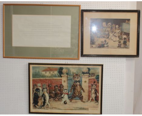 Louis Wain: a coloured print, "Mrs Tabitha's Cats Academy", a similar larger print, "The Good Puss", and a framed calligraphy