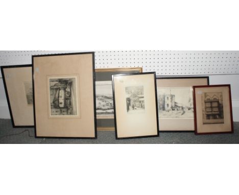 Beatrix Holms: a monochrome aquatint, "Rawson's Farm", and four etchings, architectural subjects, in black frames