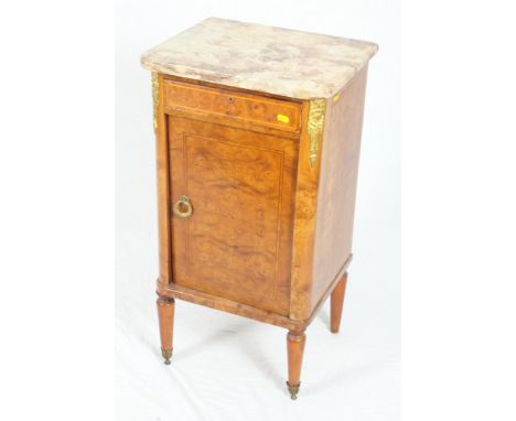 A late 19th Century Louis XVI design walnut bedside cabinet with marble top and internal marble shelf, 17" wide