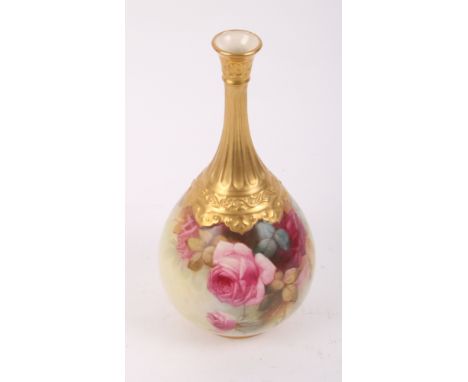 A Royal Worcester baluster-shaped china vase decorated pink roses and gilt fluted neck, 9" high (knob to cover missing)