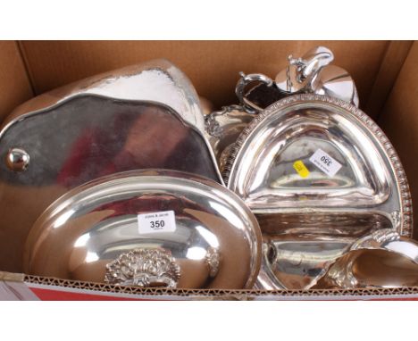 A silver plated entrée dish, a dish cover, a water jug and a tray, etc