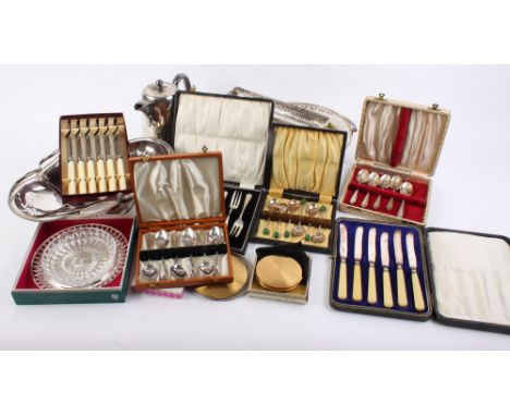 A number of cased sets of flatware, powder compacts and a quantity of silver plate