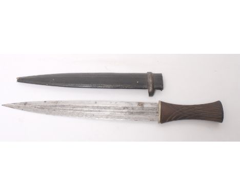 An oriental dagger with leaf-shaped blade in a leather and silver mounted scabbard, blade 13" long