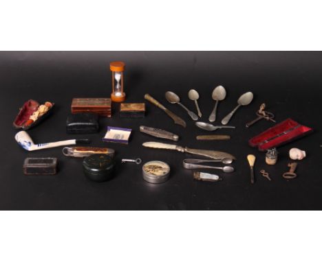 A group of items to include snuff boxes, penknives, an egg timer, a cased meerschaum cheroot holder, a bisque miniature doll'